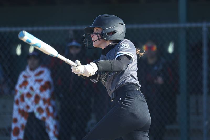 Plainfield Central’s Evalyn Prochaska connects for a single against Bolingbrook on Wednesday, March 20, 2024.