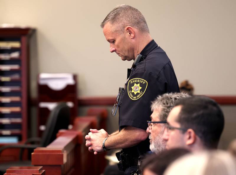 DeKalb County Sheriff Andy Sullivan looks down Thursday, June 26, 2025, as lead prosecutor Scott Schwertley recounts the details of the 2024 crash during the plea hearing for Nathan P. Sweeney at the DeKalb County Courthouse in Sycamore. Sweeney pleaded guilty Thursday for driving under the influence on March 28, 2024, and causing a crash that killed DeKalb County sheriff‘s deputy Christina Musil.