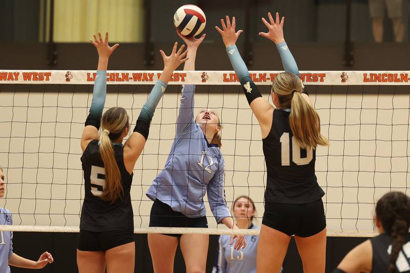 Plainfield South’s Riley Kulik goes up for the kill against Joliet Catholic in the Class 4A Lincoln-Way West Regional semifinal on Tuesday, Oct. 29, 2024 in New Lenox.