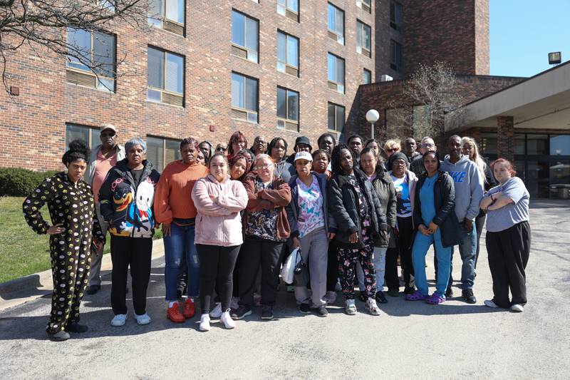 Salem Village Nursing and Rehabilitation staff stands outside the facility on Monday, Mar. 11th in Joliet.