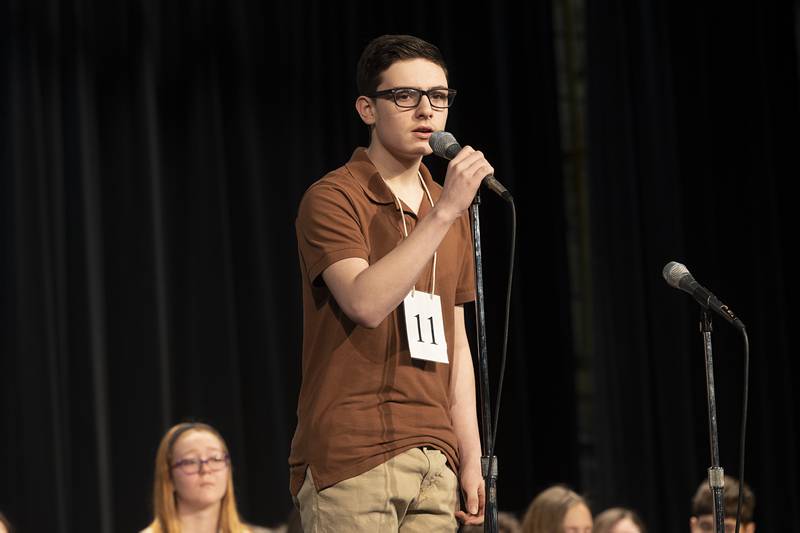 Morrison 8th grader Maximus North competes Thursday, Feb. 21, 2024 at the Lee-Ogle-Whiteside regional spelling bee. North missed on the word “collie” in round one.