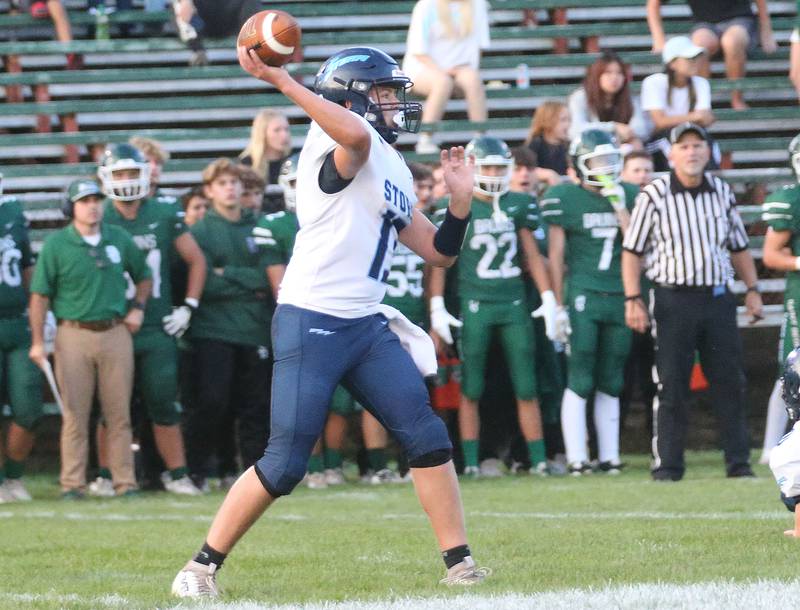 Bureau Valley quarterback Aiden Litherland lets go of a throw against St. Bede on Friday Aug. 29, 2025 at St. Bede Academy.
