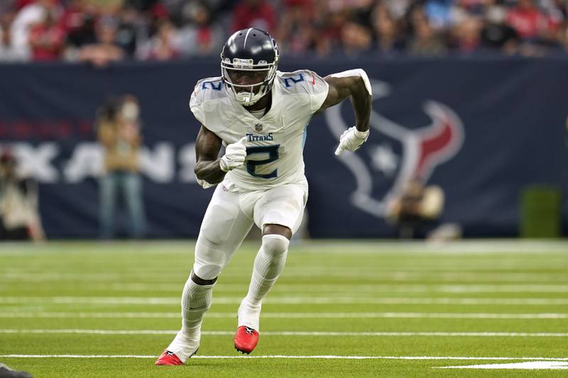 Tennessee Titans wide receiver Julio Jones  runs a pass route against the Houston Texans on Jan. 9, 2022 in Houston.