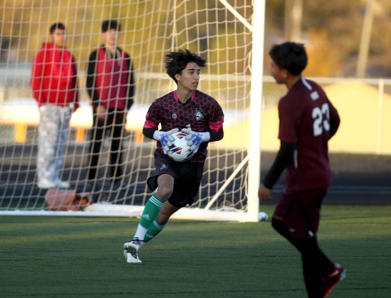 York goalkeeper Diego Ochoa makes a save in the first half of the 3A Boys Soccer Supersectional against Elgin at Streamwood High School on Tuesday, Nov. 1, 2022.