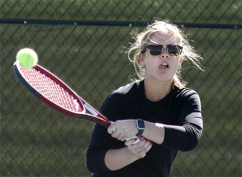 Ottawa’s Emma Cushing in singles final match in the Class 1A Sectional girls tennis meet on Saturday, Oct. 15, 2022 at Ottawa.