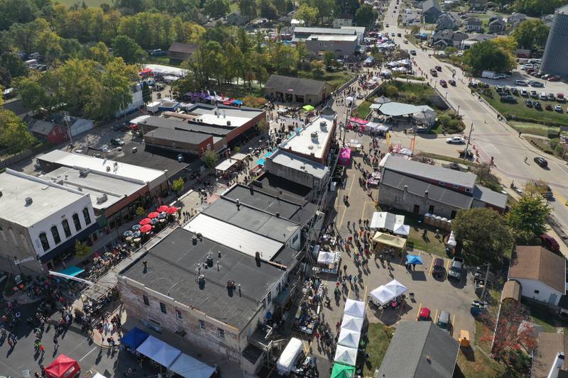 An aerial view of the crowd during the 54th annual Burgoo festival on Sunday, Oct. 13, 2024 downtown Utica.