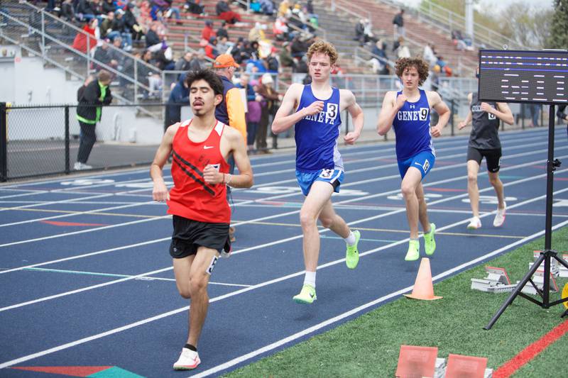 East Aurora's Miguel Capulin, Geneva's Julian Hipp and Dominoc Ross compete in the 3200 Meter at the Peterson Prep Invitational by Kaneland on Saturday, April 20,2024 at West Aurora High School in Aurora.