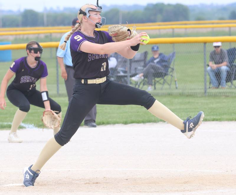 Serena's Cassie Walsh lets go of a throw to Marquette during the Class 1A Regional title game on Friday, May 22, 2026 at Serena High School.