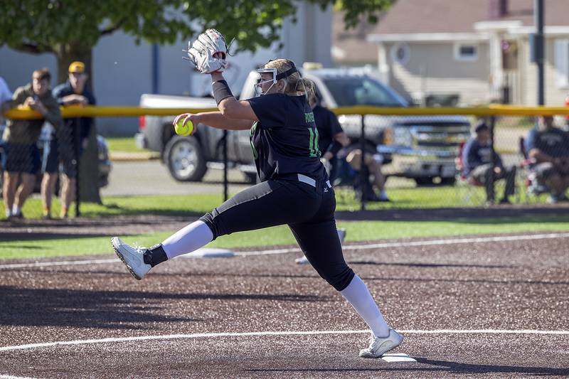 Rockford Alleman’s Syndnee Ganahl fires a pitch against Sterling Thursday, May 8, 2025.