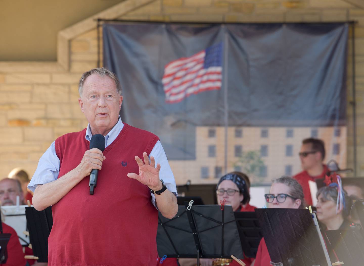 Batavia Mayor Schielke speaks during the groundbreaking ceremony for a Flag Day Monument on Tuesday, June 14, 2022.