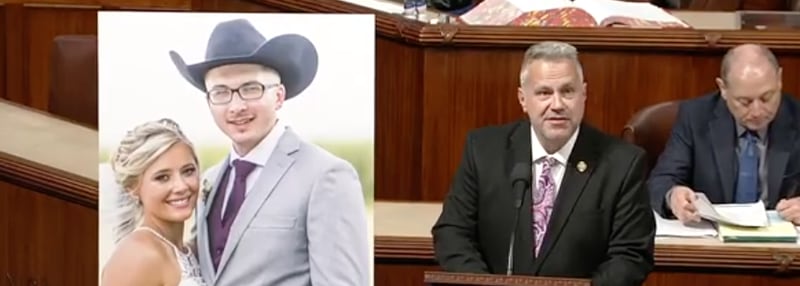 U.S. Rep. Eric Sorensen (right) speaks from the floor of the U.S. House of Representatives on Tuesday, April 8, in support of the Corrections Officer Blake Schwarz Suicide Prevention Act. A Chadwick resident, Schwartz, pictured in the inset photo with his wife, Michelle, died by suicide two years ago.