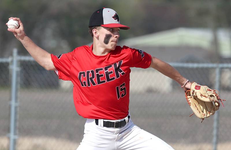 Indian Creek's Kalab Helgesen throws a pitch during their game against IMSA Monday, May 9, 2022, in Shabbona.