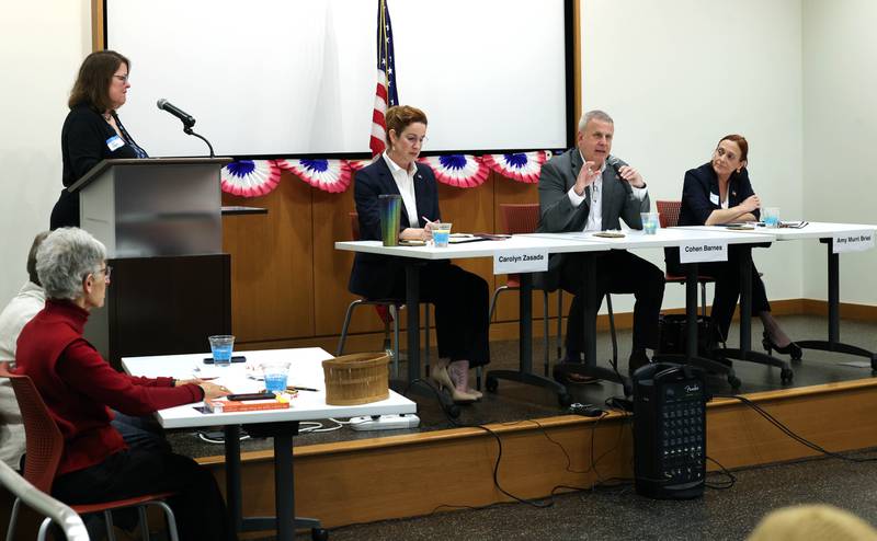 Democratic candidates, Carolyn Zasada, (left) Cohen Barnes and Amy Murri Briel, (right) all vying for the nomination for the 76th district seat in the Illinois House of Representatives, answered questions Saturday, Feb. 3, 2024, in a meet the candidates forum at the DeKalb Public Library. The forum was organized by DeKalb Stands and co-sponsored by the DeKalb County Democrats.