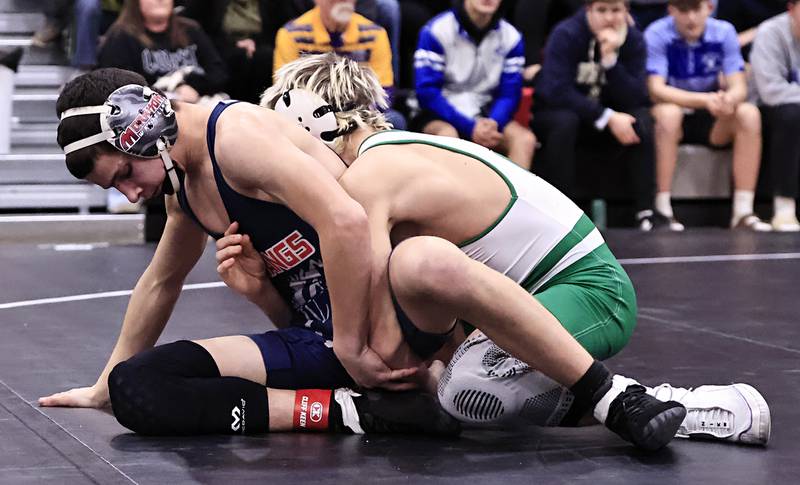 Seneca's Raiden Terry controls Morrison's Cael Wright in the 120 pound weight class at the Erie-Prophetstown holiday wrestling tournament on Saturday, Dec. 19, 2205