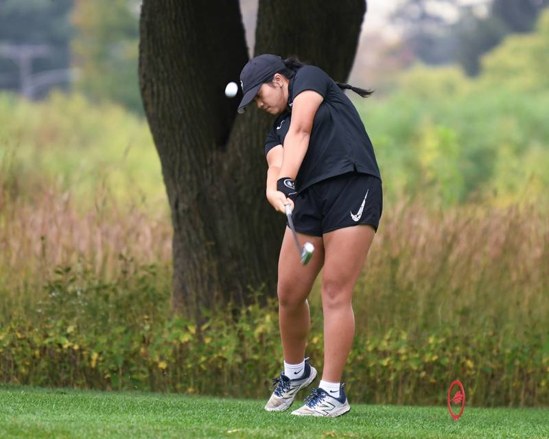 Angel Nguyen of Glenard North tees off during the DuKane conference meet on Tuesday Sept. 23, 2025, held at Phillips golf course in Aurora.