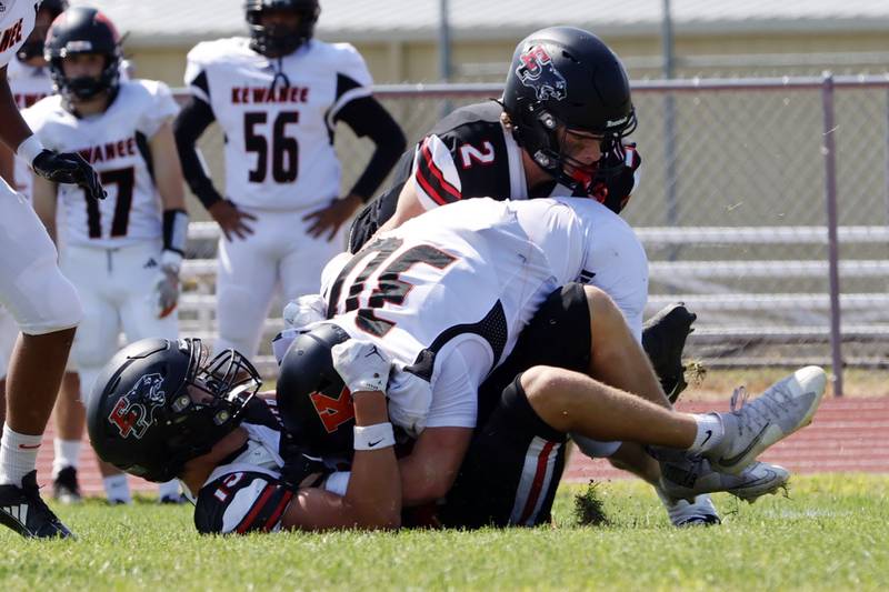 EP's #15 Evan Steimle and #2 Connor Keegan take down Kewanee's #30 Ace LaFolette. The Panthers hosted the Boilermakers in the season opener on Saturday, Aug. 30, 2025, in Prophetstown after rain caused them to postpone the game from the night before.