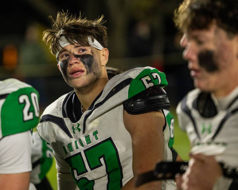 Senior, Filemon Ortiz (57) of Dwight looks up with tears in his eye after loss to Stockton ends his High School football career on Saturday, November 15, 2025 at John O' Boyle Field in Stockton.