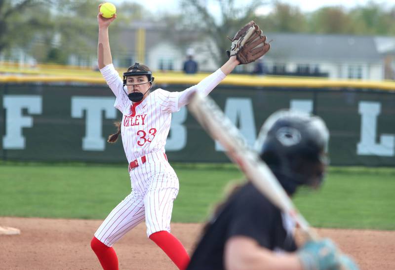 Huntley’s Gretchen Huber deals against Prairie Ridge in varsity softball at Huntley High School in Huntley on Monday, May 5, 2025.