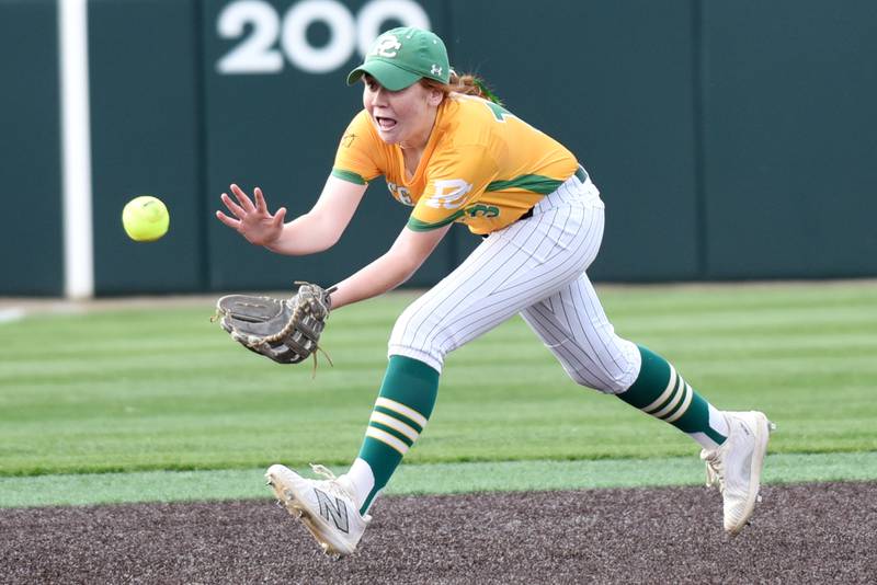 Providence's Aleigh Hill catches a pop up during the Class 3A Illinois Wesleyan Supersectional against Pontiac Monday, June 9, 2025.