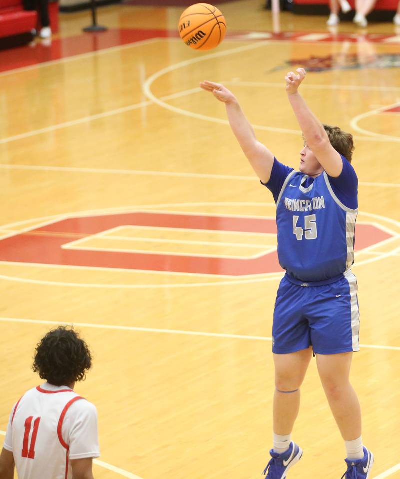 Princeton's Luke Smith shoots a wide-open jump shot over Ottawa's Hezekiah Joachim on Monday, Feb. 3, 2025 in Kingman Gymnasium at Ottawa High School.