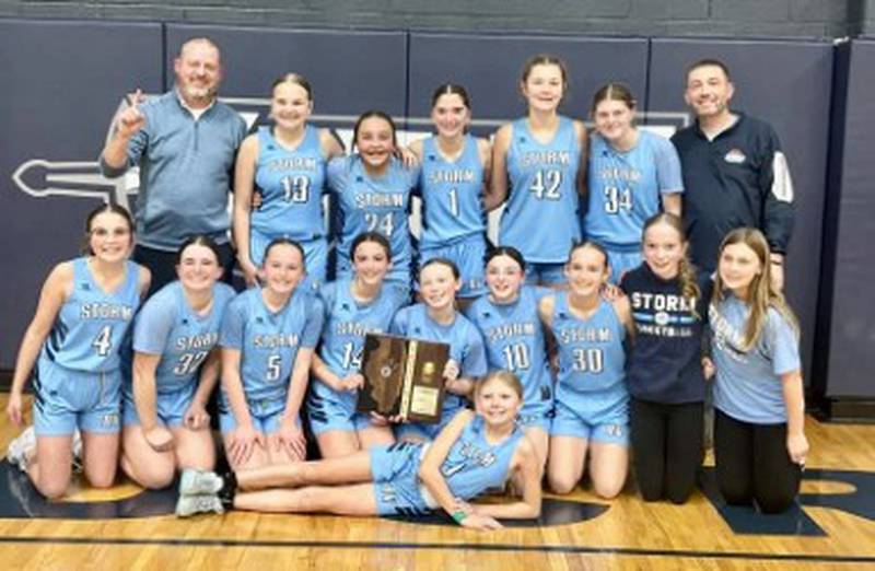 The Bureau Valley Storm captured the Class 2A Fieldcrest Sectional on Wednesday, defeating Seneca 35-22. The Storm (21-1) advance to the IESA Class 2A State quarterfinals  to face Riverdale Washington (19-1) at 1 p.m. Saturday at Riverton High School. Team members are Aleeyah Foster (laying down) and (front row, from left) Cali Pistole, Tinley Yepsen, Stevie Davis, Kinley Gruber, Kaylee Jamison, Shea Wunder, Sophia Thurston, Manager Khloe Cady and manager Maddie Dillbeck; and (back row) 7th grade coach Ryan Rosenthal, Kenzlie Wright, Mya Waites, Daelyn Benavidez, Kaurie Facemire, Ava Ferris and 8th grade coach Brent Jamison.