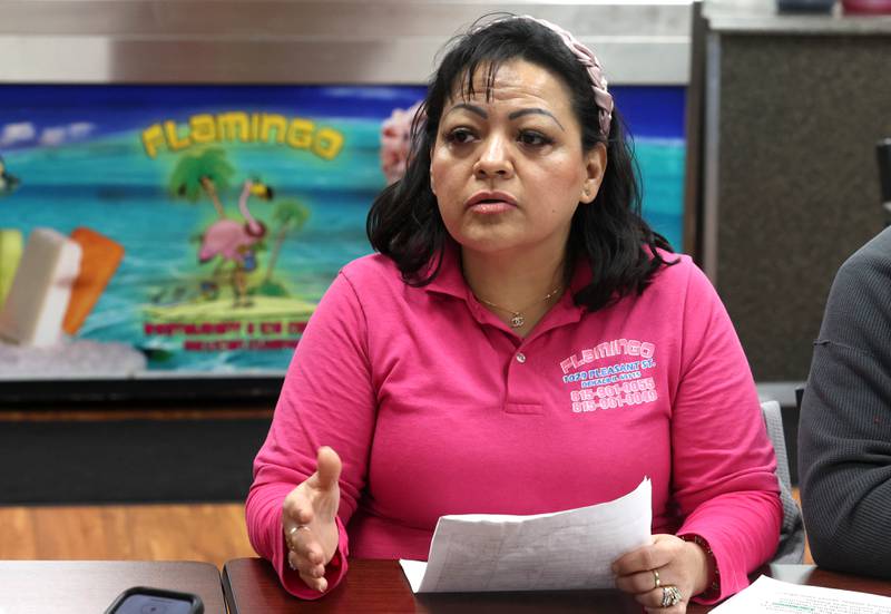 Zendy Lopez, owner of Flamingo Restaurant and Ice Cream in DeKalb, talks about her reasons for participating in a Day Without Immigrants Monday, Feb. 3, 2025, during a meeting at Flamingo Restaurant & Ice Cream in DeKalb. More than 30 DeKalb County businesses closed on Monday to show solidarity in their stance against President Donald Trump’s anti-immigration policy.