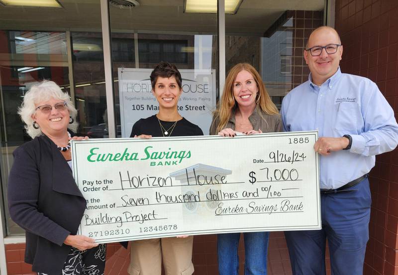 Eureka Savings Bank donated $7,000 to Horizon house of the Illinois Vallley on Friday, Sept. 27, 2024 at Horion House in La Salle. Gathered at the check presentation awere (from left) Michelle Rich, Horizon House CEO,  Sarah Landeros and Stacie Sines from Eureka Savings Bank and John McCormick. President of Eureka Savings Bank. The money will go to the Horizon House United Future Building Project.