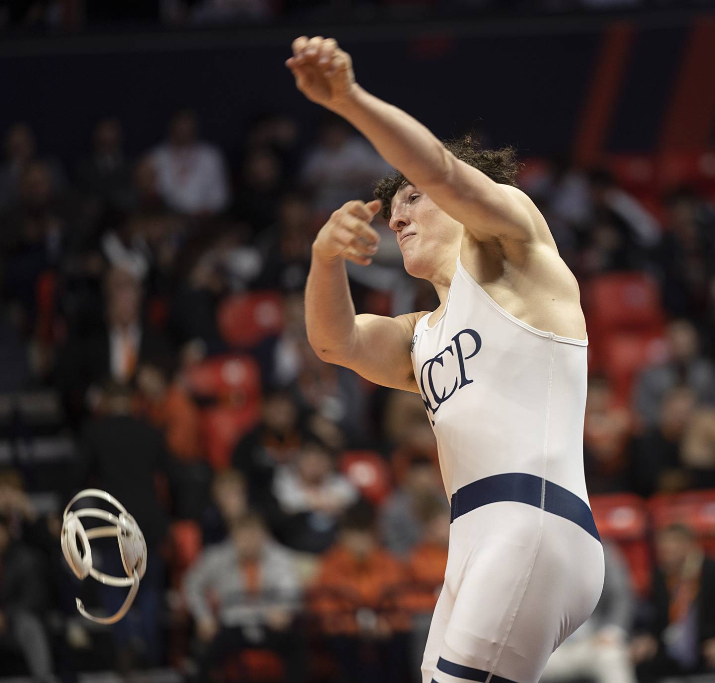 IC Catholic’s Brody Kelly celebrates winning the 2A 175 class Saturday, Feb. 21, 2026, at the IHSA wrestling finals in Champaign.