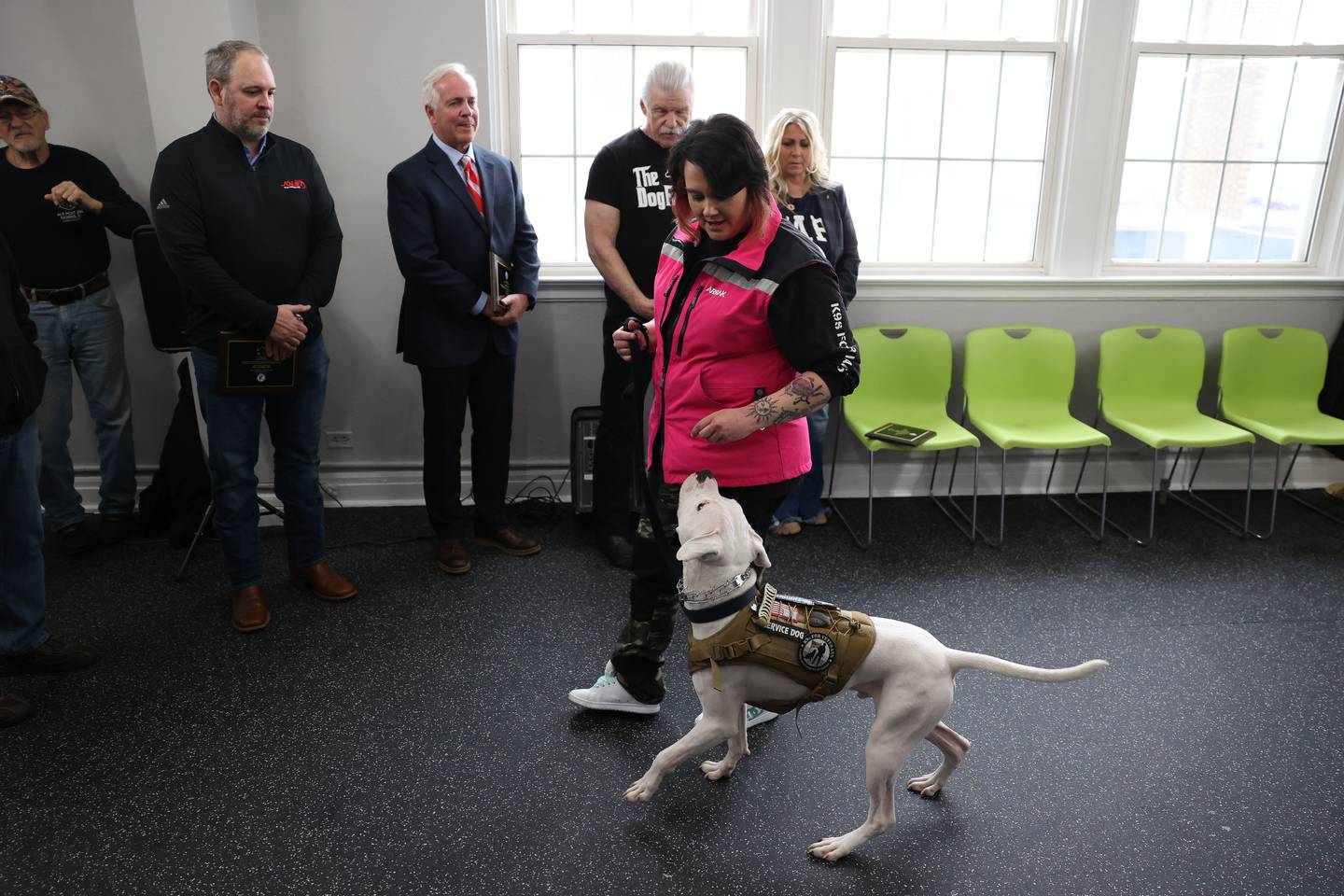 Dog trainer Kate McGrail does a demonstration with service dog Omega, an American Bulldog at the K9s for Veterans ribbon-cutting ceremony for the opening of its new training campus on Wednesday, Feb. 15, 2023, in Joliet.