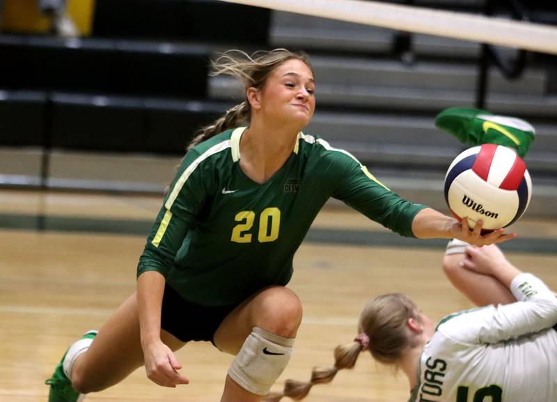 Crystal Lake South’s Bobbi Wire tries to save the ball against Crystal Lake Central  in varsity volleyball at Crystal Lake South High School in Crystal Lake on Tuesday, Oct. 7, 2025.