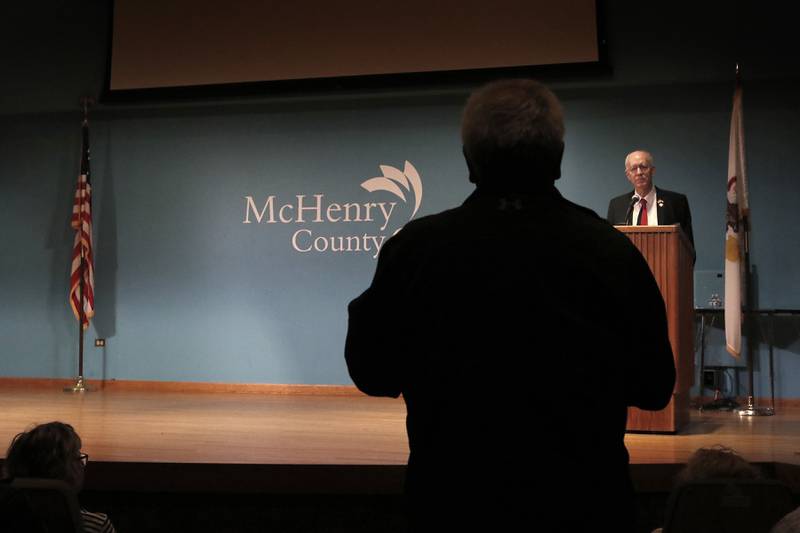 Democratic U.S. Rep. Bill Foster answers a question during a town hall on Wednesday, April 16, 2025, at McHenry County College's Luecht Auditorium in Crystal Lake.