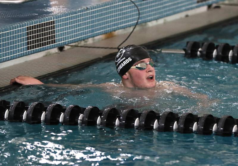 Cary-Grove’s Charlie Edwards competes in the 500 freestyle during the Fox Valley Conference Invitational swim meet on Saturday,  Feb. 15, 2025, at Woodstock North High School.