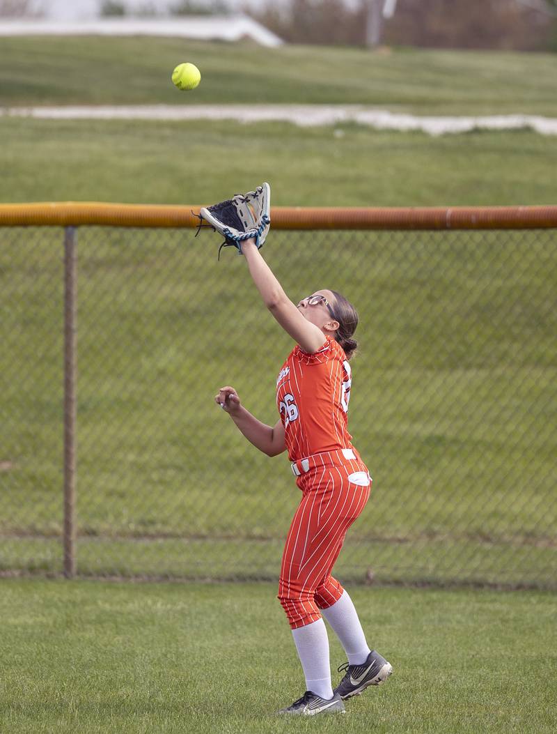 Milledgeville’s Elaina Pilgrim camps under a ball against Morrison Tuesday, May 13, 2025.