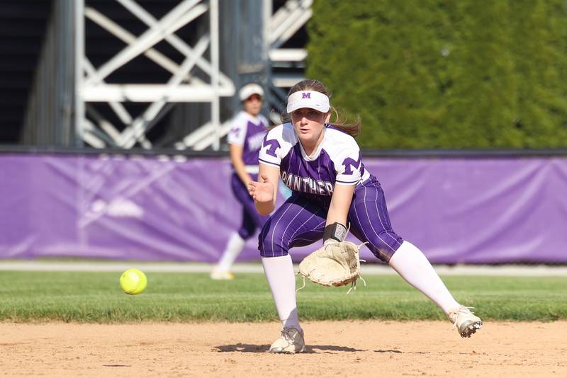 Manteno's Aubrie Goudreau fields a grounder at shortstop during Manteno's 11-1 loss to Seneca on Friday, May 8, 2026.