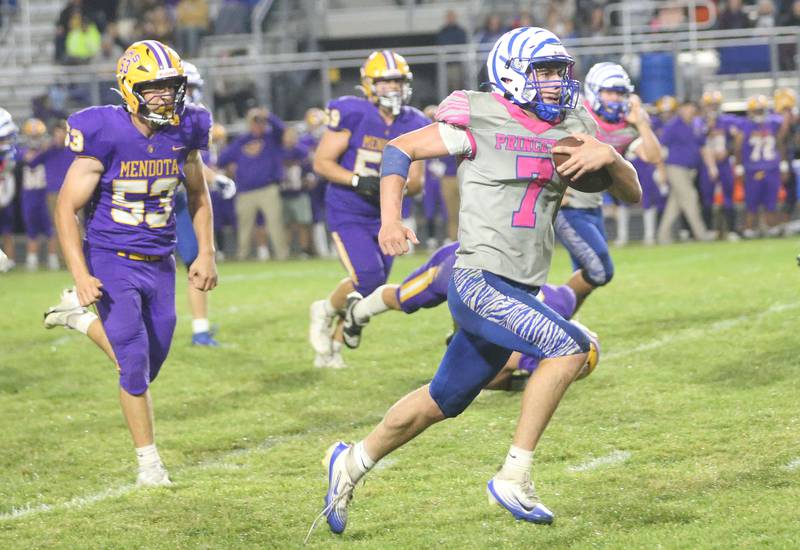 Princeton's Gavin Lanham sprints to the end zone to score a touchdown against Mendota on Friday, Oct. 10, 2025 at Bryant Field in Princeton.