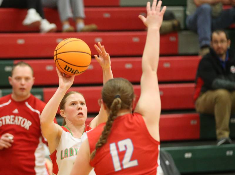 L-P's Elizabeth Sines shoots a jump shot over Streator's Leah Krohe on Tuesday, Jan. 28, 2025 in Sellett Gymnasium at L-P High School.
