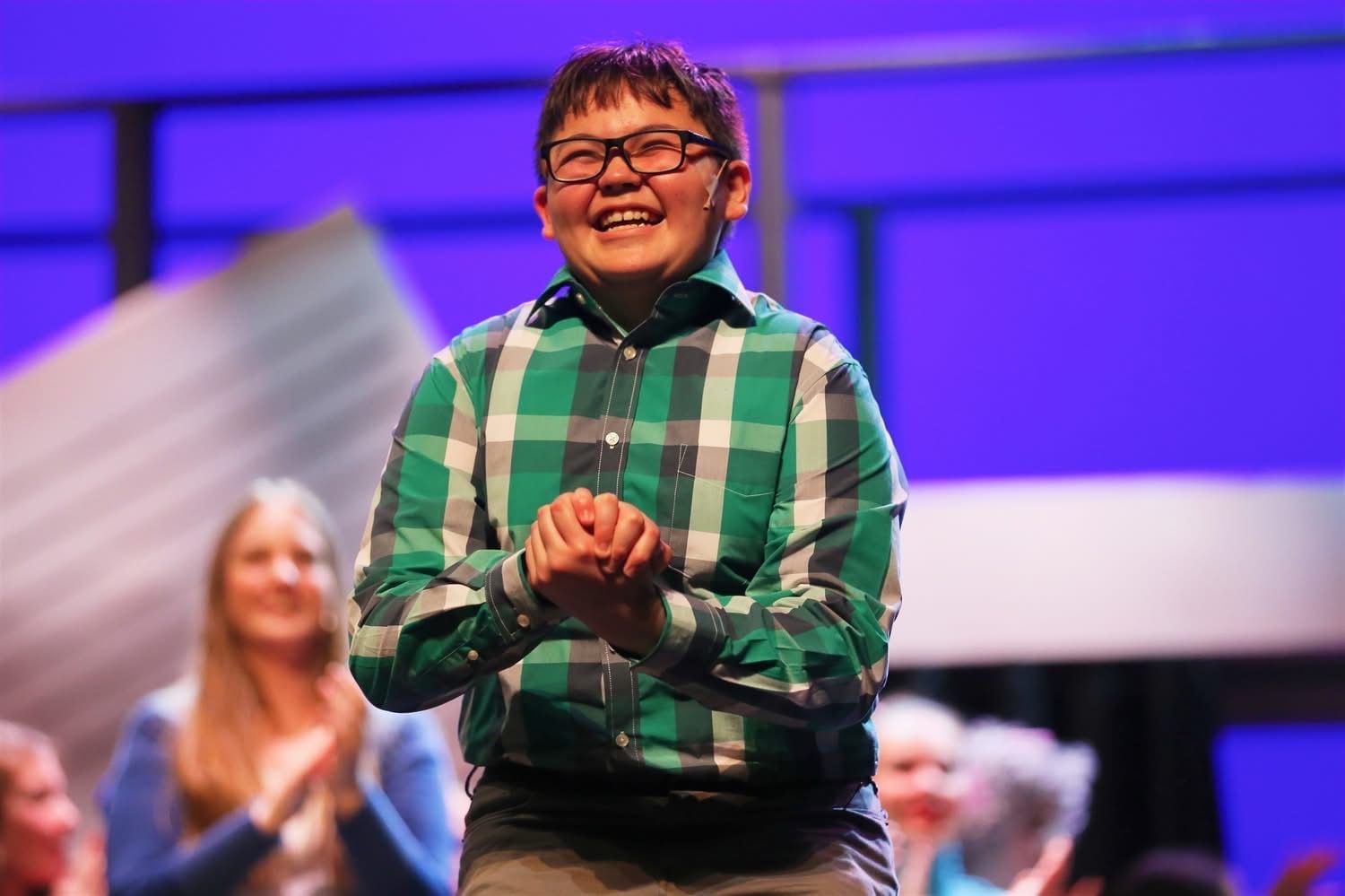 Crystal Lake student Mason Houltram bows after his performance in the Children’s Theatre of Elgin’s production of “Diary of a Wimpy Kid: The Musical