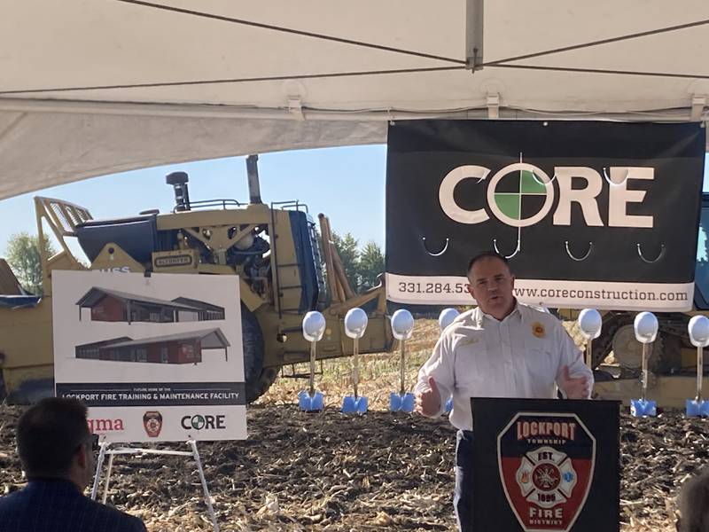 Lockport Township Fire Protection District Chief John O'Connor speaks at the ground breaking ceremony of the district's new training facility. 
Monday, Oct. 20, 2025.