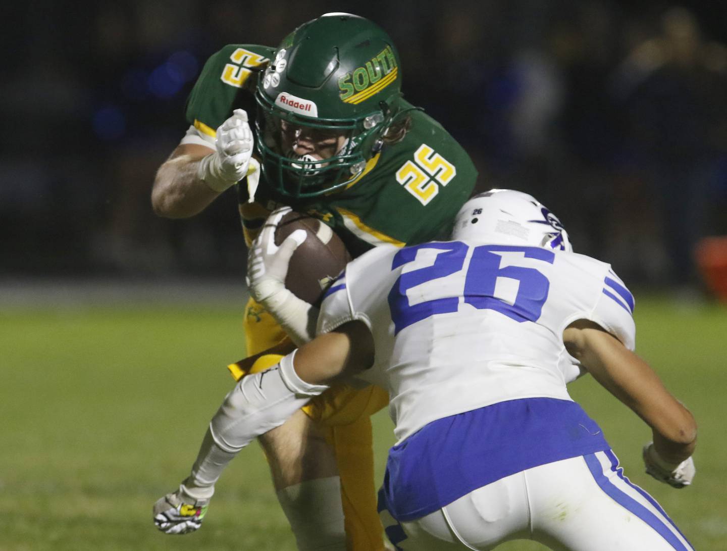 Crystal Lake South's Jake Christensen] tries to run through Burlington Central's Liam Ballantyne during a Fox Valley Conference football game on Friday, Sept. 8, 2023, at Crystal Lake South High School.