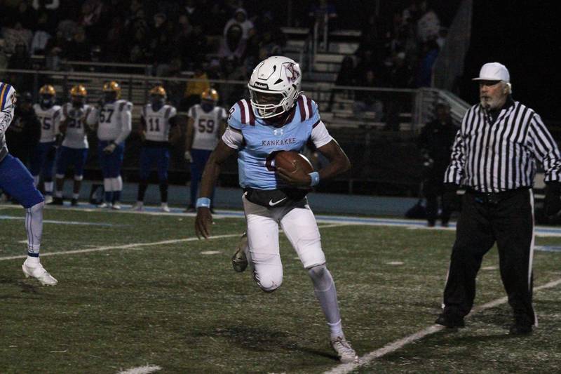 Kankakee's Phillip Turner runs the ball during the Kays’ game against Crete-Monee on Friday, Oct. 24, 2025.