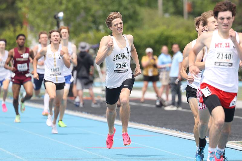 Sycamore’s Caden Emmert sprints to a fourth place finish in the Class 2A 800 Meter State Finals on Saturday, May 27, 2023 in Charleston.