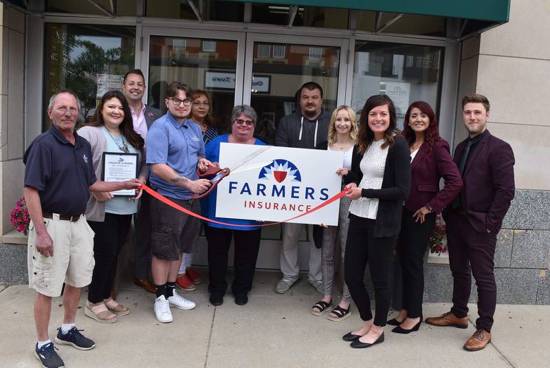 The Streator Chamber of Commerce hosted a ribbon cutting ceremony for Hayden Barichello Farmers Insurance on Tuesday, May 17, 2022. Pictured are (left to right) Joseph Barichello, Mayor Tara Bedei, Nate Hildner, Hayden Barichello, Anita Flores, Cari Barichello, Matthew Schmitz, Cassie Simons, Courtney Levy, Gabby Cazares, and John Breidenbach. Also in attendance were Judy Booze (chamber ambassador) and Megan Wright (chamber member services coordinator).