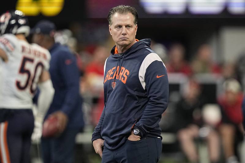 Chicago Bears head coach Matt Eberflus walks the turf before facing the Atlanta Falcons, Sunday, Nov. 20, 2022, in Atlanta.