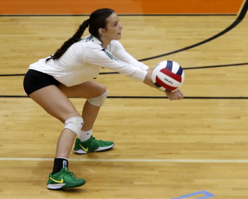 Crystal Lake South's Olivia Kouretsos passes the ball forward during a Fox Valley Conference volleyball match against against McHenry on Thursday, Aug. 28, 2025, at Freshman Campus of the McHenry High School in McHenry.