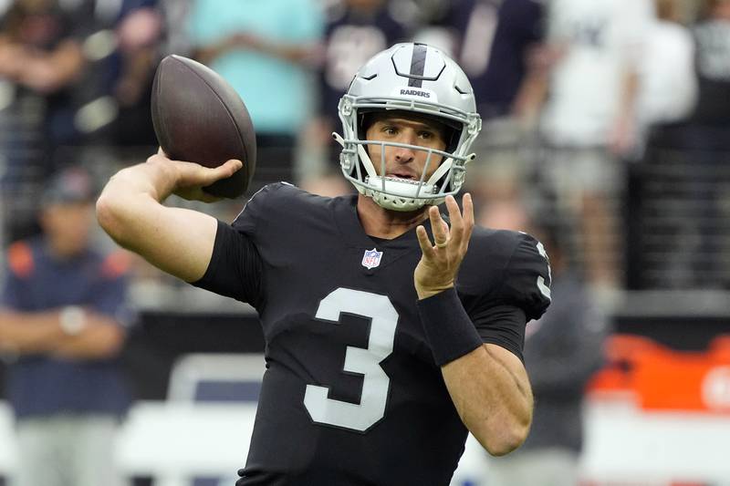 Las Vegas Raiders quarterback Nathan Peterman passes against the Chicago Bears on Oct. 10, 2021 in Las Vegas.