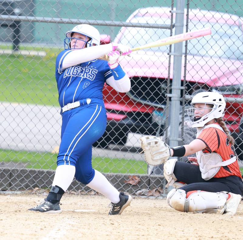 Princeton's Avah Oertel blasts a home run Thursday at Kewanee. The Boilermakers won 5-3.
