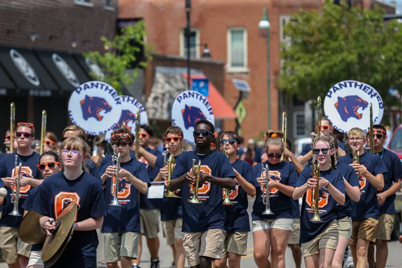 The Oswego Marching band at the annual PrairieFest parade in downtown Oswego. June 18, 2023.