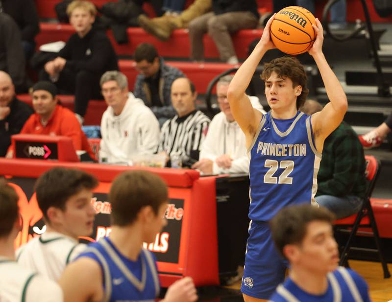 Princeton's Deacon Gutshall looks to pass the ball against Eureka during the Colmone Classic on Thursday, Dec. 11, 2025 at Hall High School.
