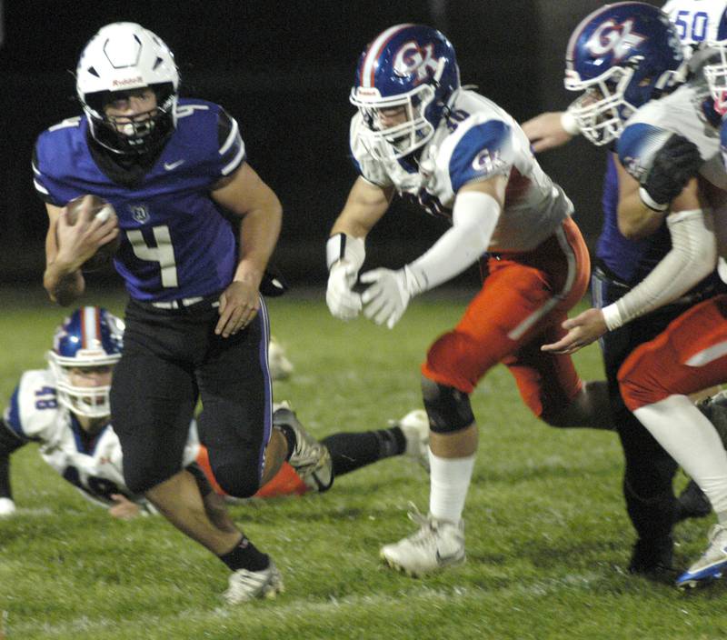 Dixon's Landon Knigge outruns Genoa-Kingstons defense. Genoa-Kingston traveled to Dixon to take on the Dukes. The game took place on Dixon's Senior Night, October 24th, 2025