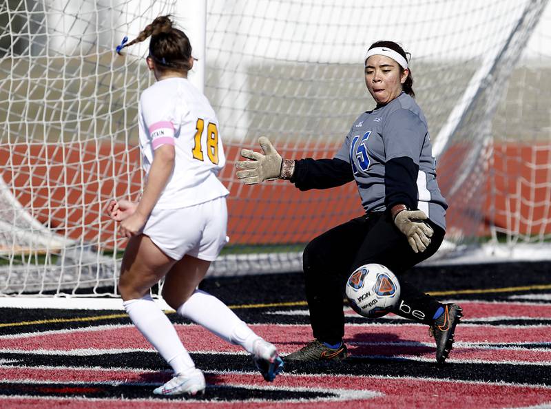 Larkin’s Joseline Flores tries to block the shot on goal from Jacobs' Delaney Roimiser during a nonconference Huntley Invite girls soccer match Tuesday, March 28, 2023, at Huntley High School.